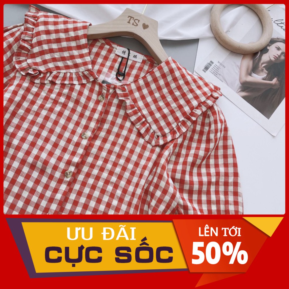 ÁO SƠ MI KẺ ĐỎ CỔ BÈO TAY LỠ SIÊU HOT SM43 kèm video+ảnh thật aosominuhot | BigBuy360 - bigbuy360.vn