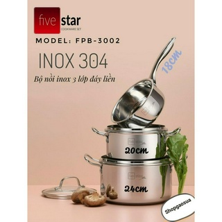 Bộ 3 nồi inox Fivestar đáy liền inox 304 nắp kính FBP3002, bảo hành 25 năm