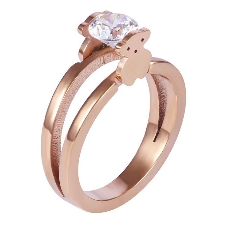 Cincin Stainless Steel 2 Sisi Motif Beruang Aksen Berlian Imitasi untuk Wanita