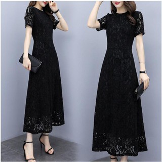 Đầm maxi dáng dài phối ren màu đen cỡ lớn