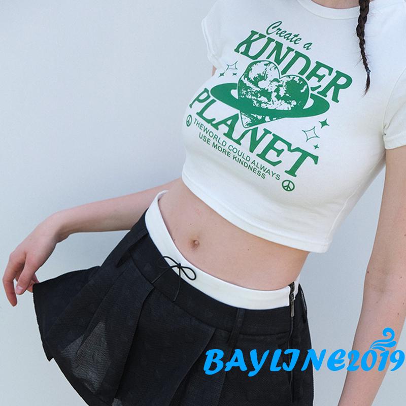 Áo Thun Crop Top Tay Ngắn Cổ Tròn In Chữ Thời Trang Dành Cho Nữ