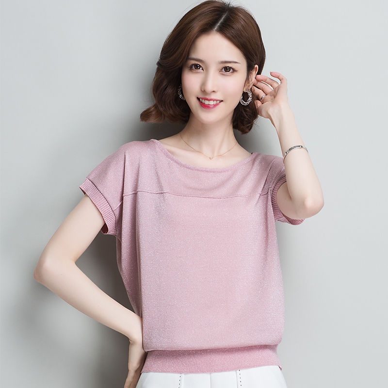 Large size loose 2022 summer new bat sleeve bright silk sweater short sleeve t-shirt for women