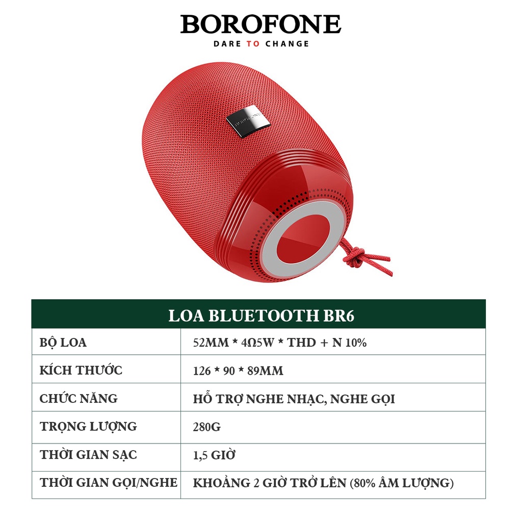 Loa bluetooth mini BOROFONE BR6, kết nối không dây với điện thoại laptop khe cắm thẻ nhớ usb âm thanh trầm ấm  bass mạnh