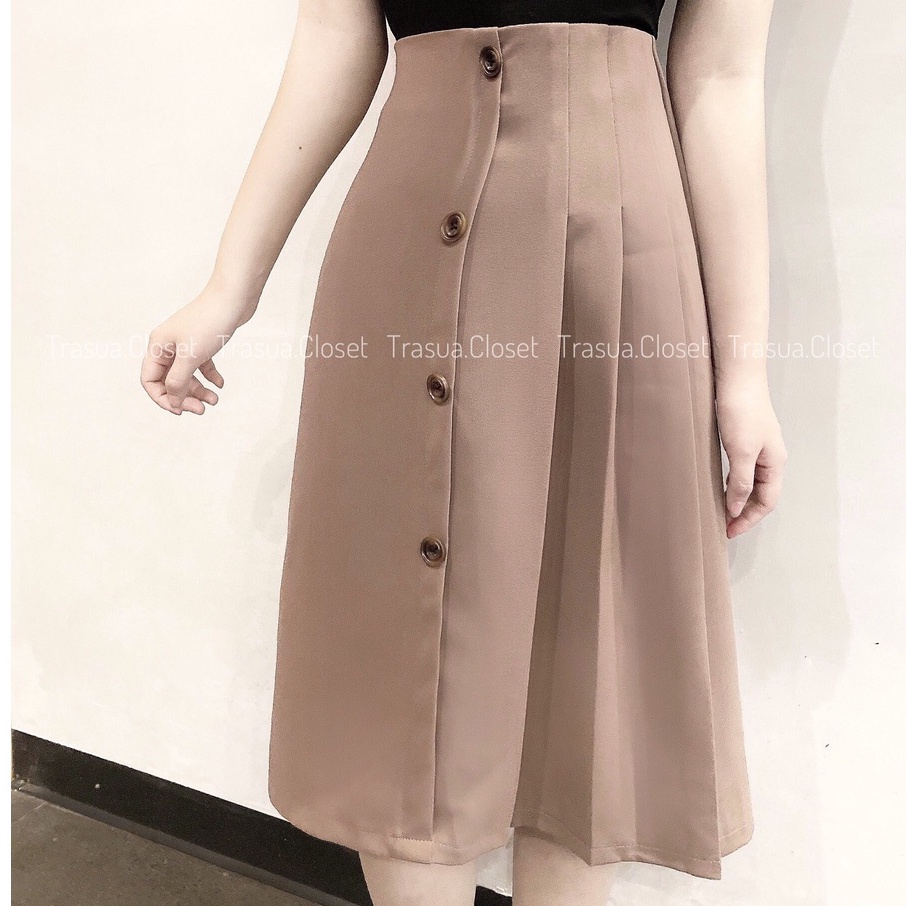 Chân váy dài qua gối xếp ly chuẩn Trà Sữa Closet váy dáng dài công sở hàn quốc đủ size tới 60kg vải đẹp dày dặn TS015 | BigBuy360 - bigbuy360.vn