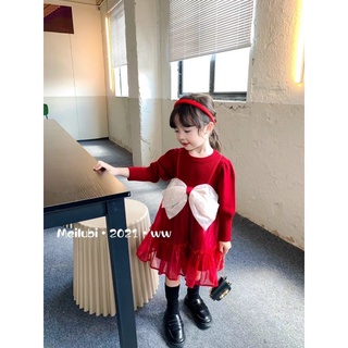 Váy đỏ lông nhung phối voan nơ cho bé gái