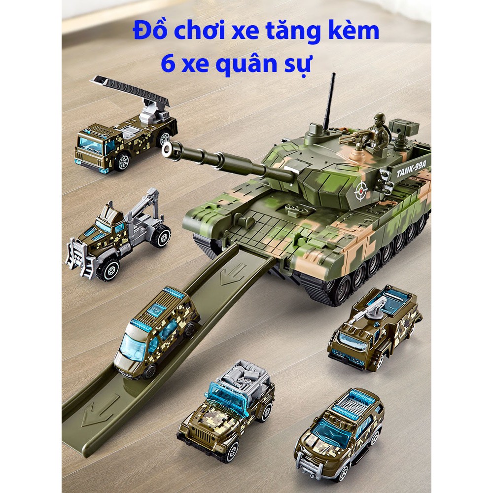 Bộ đồ chơi mô hình xe tăng 6 trong 1 chứa 6 xe kim loại, kích thước lớn, âm nhạc tương tác, chất liệu cao cấp