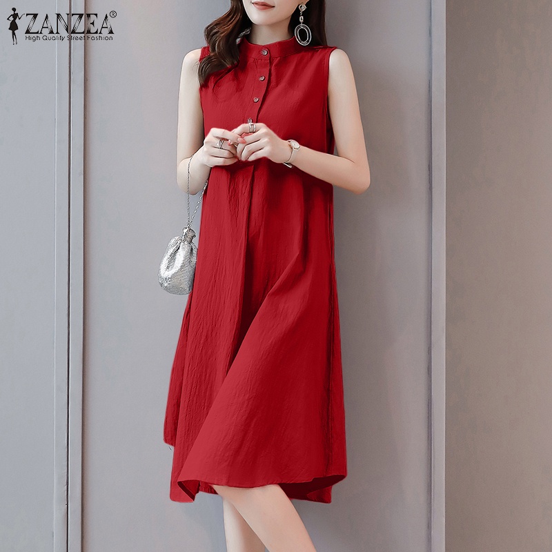 ZANZEA Đầm Mini Không Tay Cổ Tròn Cài Nút Phía Trước Thời Trang Cho Nữ