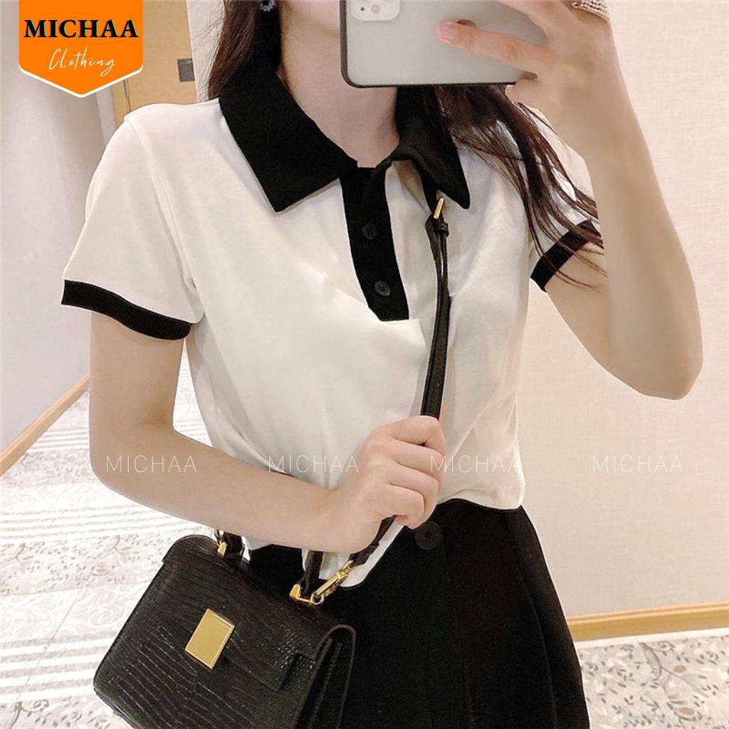 Áo Croptop CỔ POLO PHỐI Màu Đen Trắng Nữ, Áo Cổ Bẻ Tay Ngắn Đẹp - MICHAA