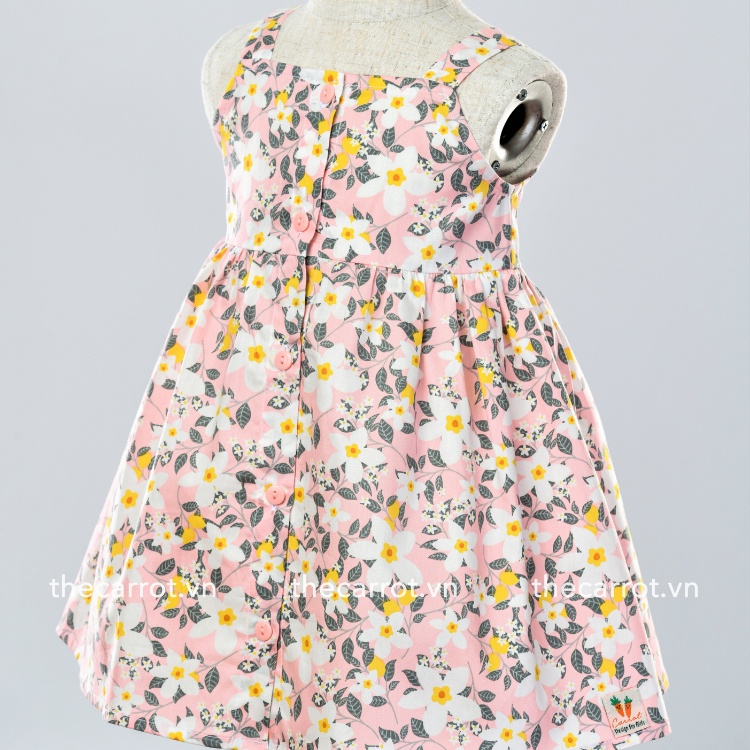 Váy 2 Dây Carrot Cho Bé Gái, Họa Tiết Hoa Trắng Nền Hồng Nẹp Cúc, Chất Liệu Thô Cotton Thấm Hút Mồ Hôi Tốt