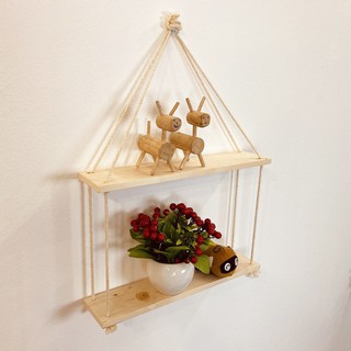 Kệ gỗ treo tường dây thừng Decor 40x10 cm, gỗ quế nguyên tấm, tặng kèm móc treo