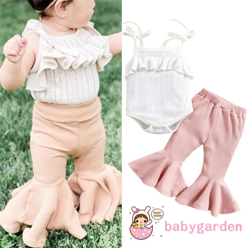 BABYGARDEN 6months-3years Baby Girl Outfits, Solid Color Sleeveless Ruffles Decor Sling Romper + Elastic Waist Ribbed