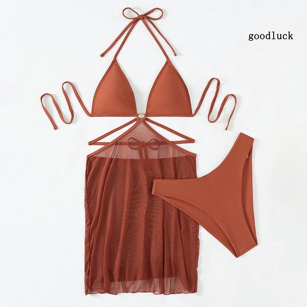 Bộ Đồ Bơi 3 Mảnh Hở Lưng Màu Trơn Thời Trang Cho Nữ