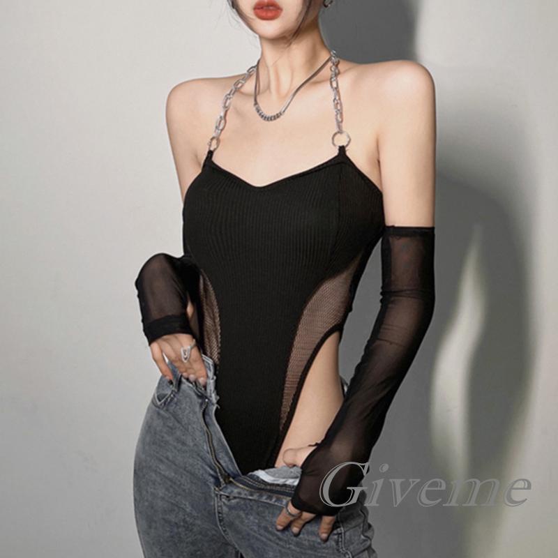 Bộ Áo Liền Quần Phối Lưới Dây Xích + Cánh Tay Màu Đen Hợp Thời Trang Cho Nữ