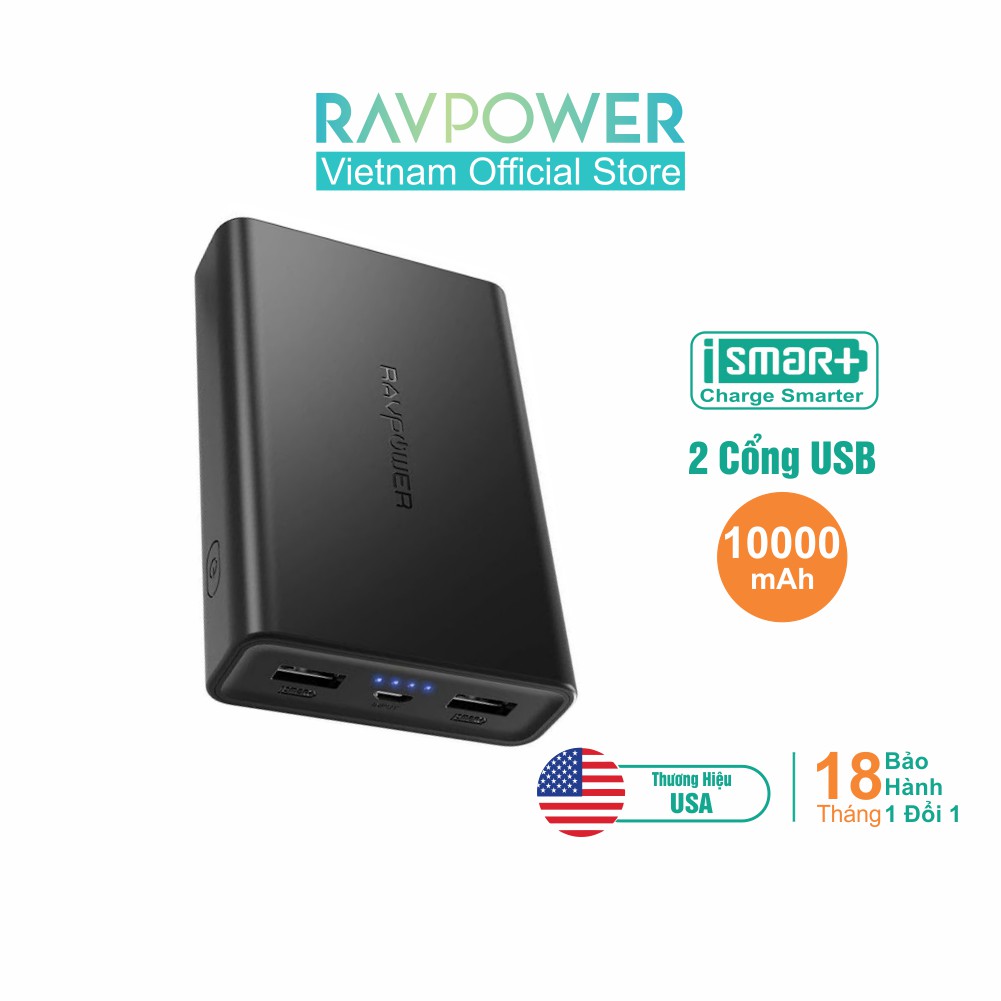 Pin Sạc Dự Phòng RAVPower 10000mAh 17W Sạc Nhanh iSmart 2.0, Output 3.4A