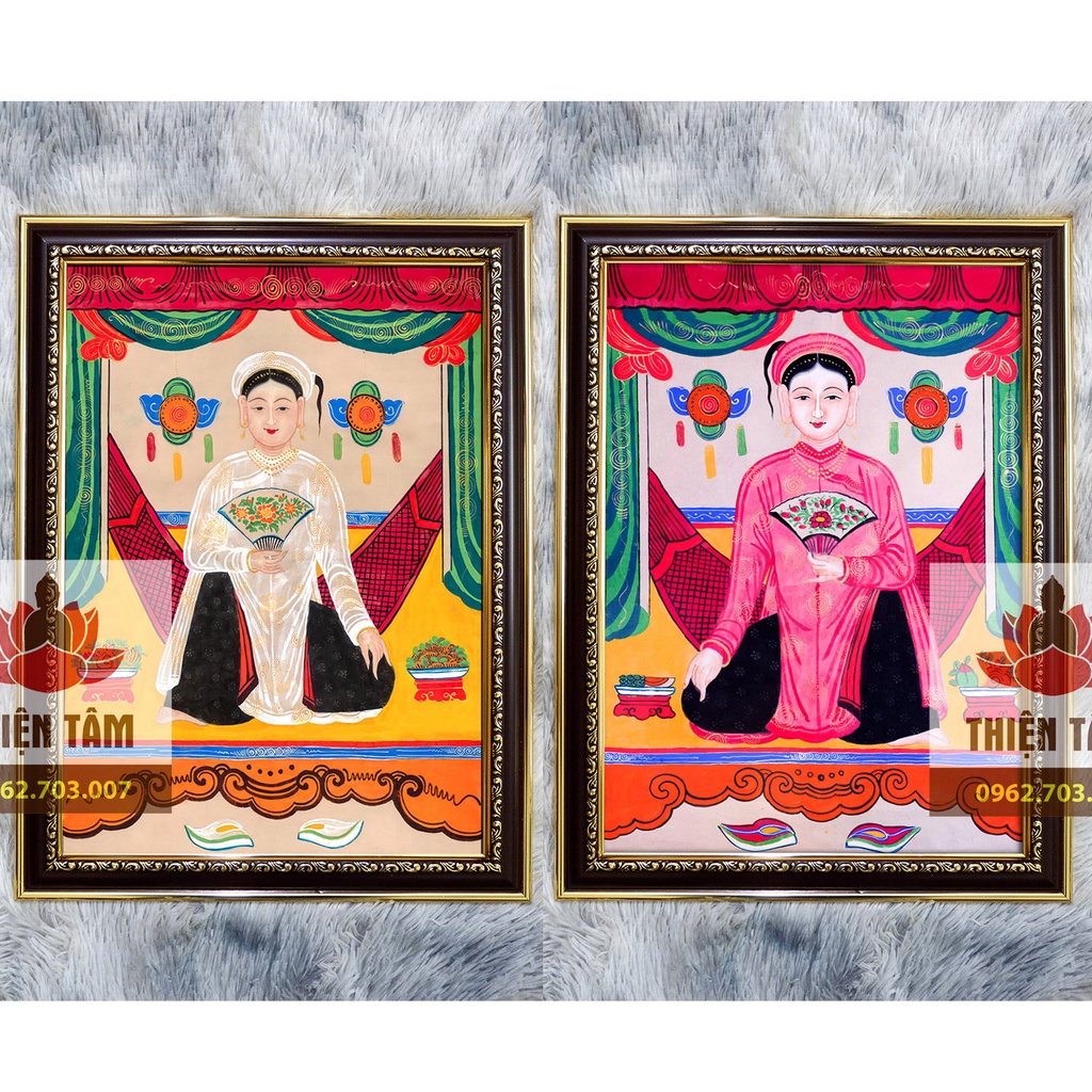 Tranh Cô Bơ, Cô Chín theo lối cổ 36x48cm bằng vải phủ bóng khung composite bền đẹp