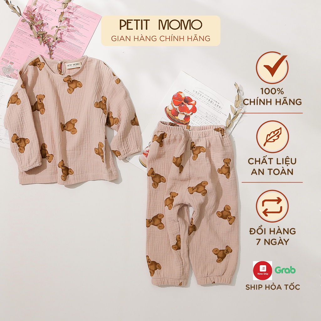 Bộ Quần Dài Tay Cho Bé Gái (1-6 Tuổi) PETIT MOMO Vải Xô Cao Cấp Siêu Thoáng Mát, Họa Tiết Hoa Nhí Hình Gấu H166