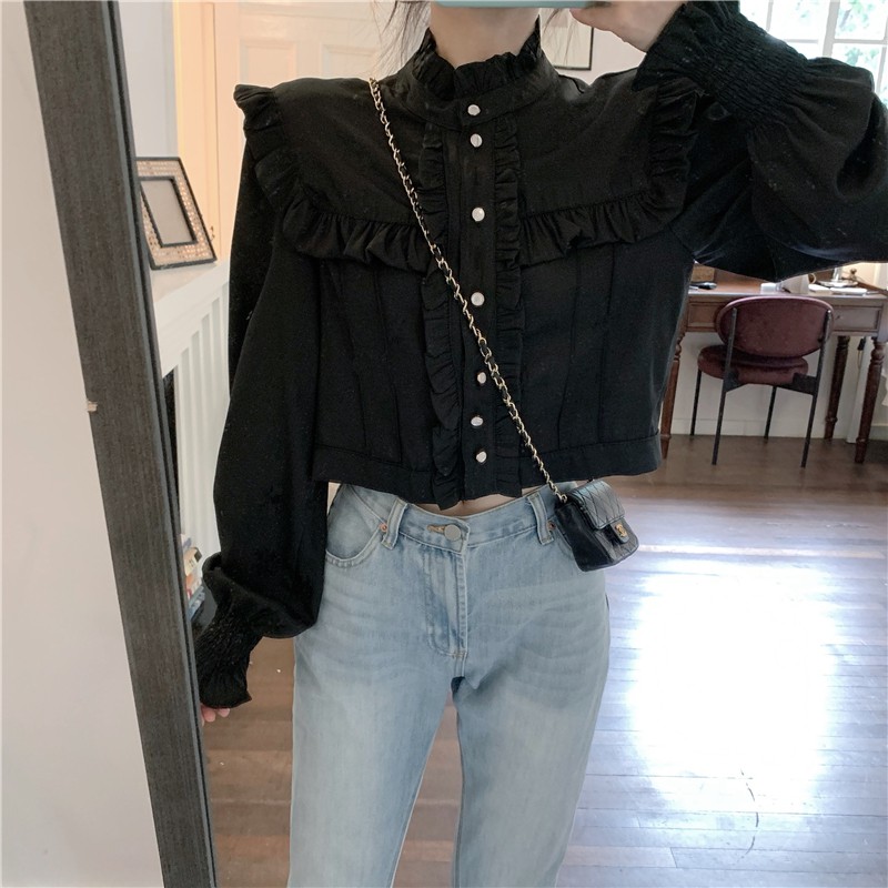 Áo kiểu tay dài cổ cao đính nút bằng gỗ thời trang phong cách retro | BigBuy360 - bigbuy360.vn