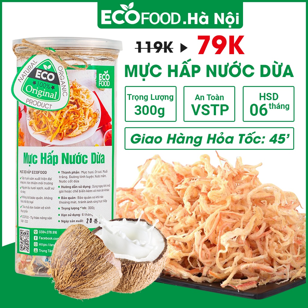 Mực Khô Hấp Nước Cốt Dừa Xé Sợi Ecofood 300G Loại 1 Cay, Ngon, Ngọt, Đồ Ăn Vặt Viêt Nam Giá Rẻ, An Toàn VSTP