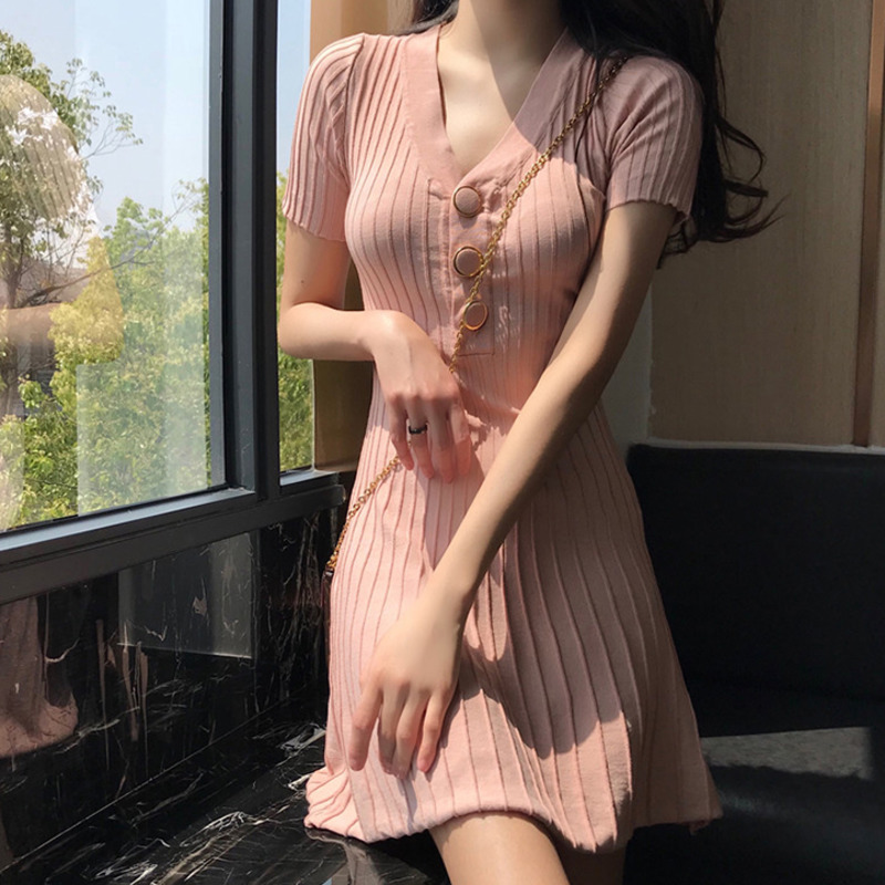 Đầm Thun Tay Ngắn Cổ Chữ V Màu Trơn Thiết Kế Dây Thắt Eo Phong Cách Trẻ Trung