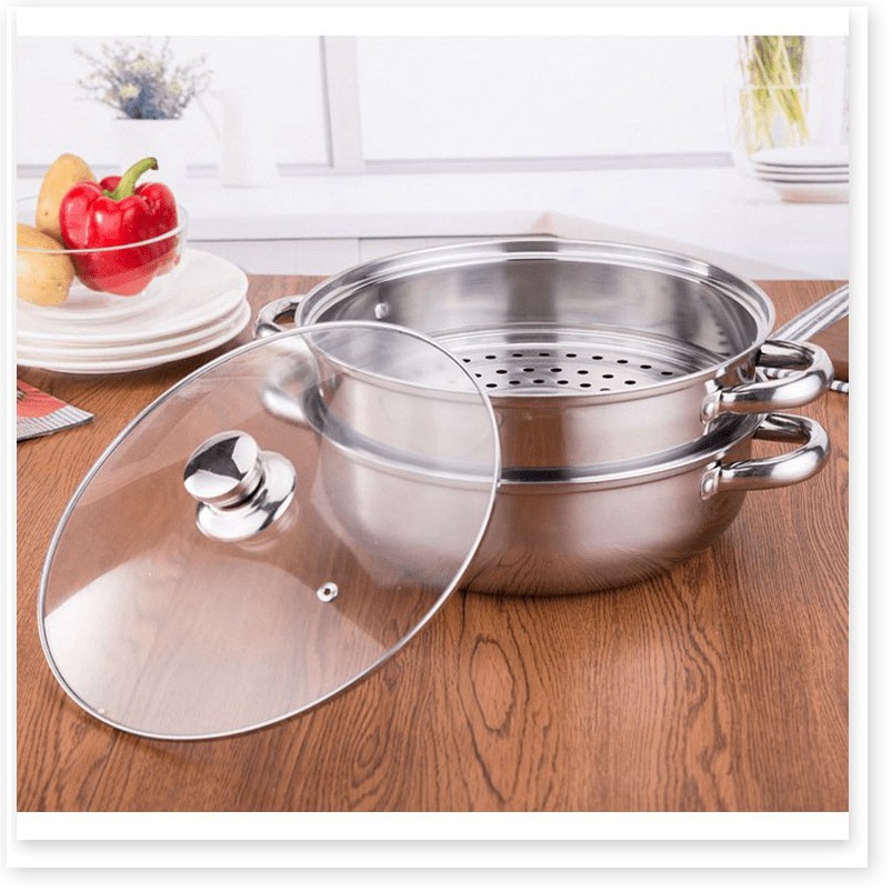 Bộ xửng hấp inox 28cm - nồi hấp đa năng 2 tầng cao cấp nắp kính