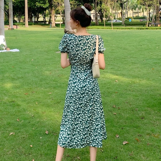 Đầm Voan Dài Xẻ Tà In Họa Tiết Hoa Màu Xanh Lá Phong Cách Pháp Thời Trang Mùa Hè Hàng Mới Dành Cho Bạn Nữ