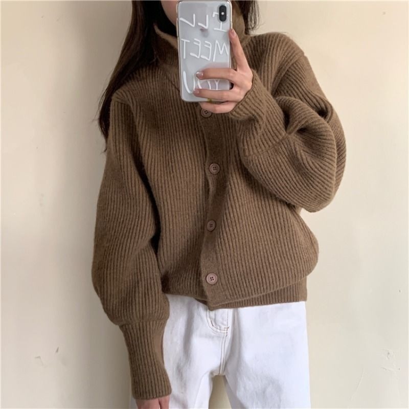 Áo khoác Cardigan dệt kim dày cổ lọ dáng rộng thời trang thu đông cho nữ