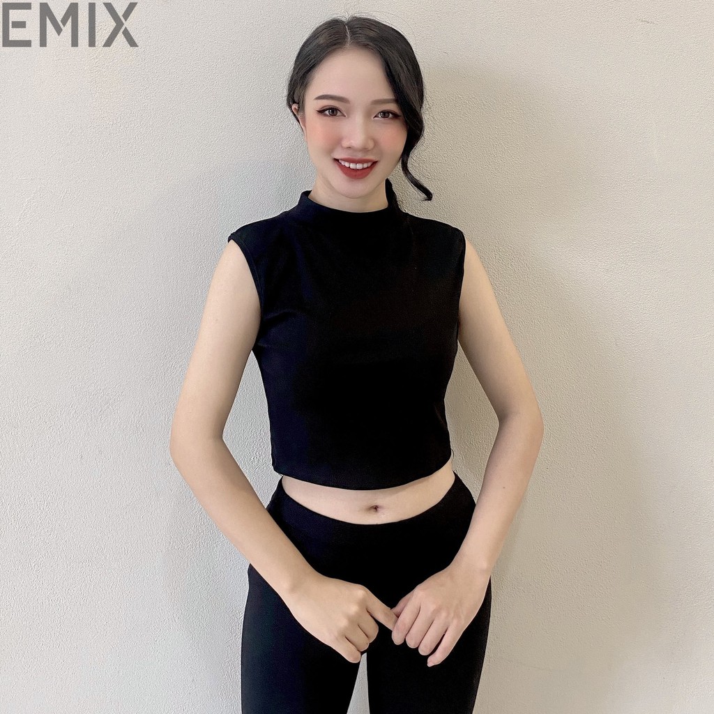Áo thun croptop sát nách EMIX (màu đen), dáng ngắn, cổ lọ 3cm, ôm dáng, vải thun, mềm mịn, không bai xù