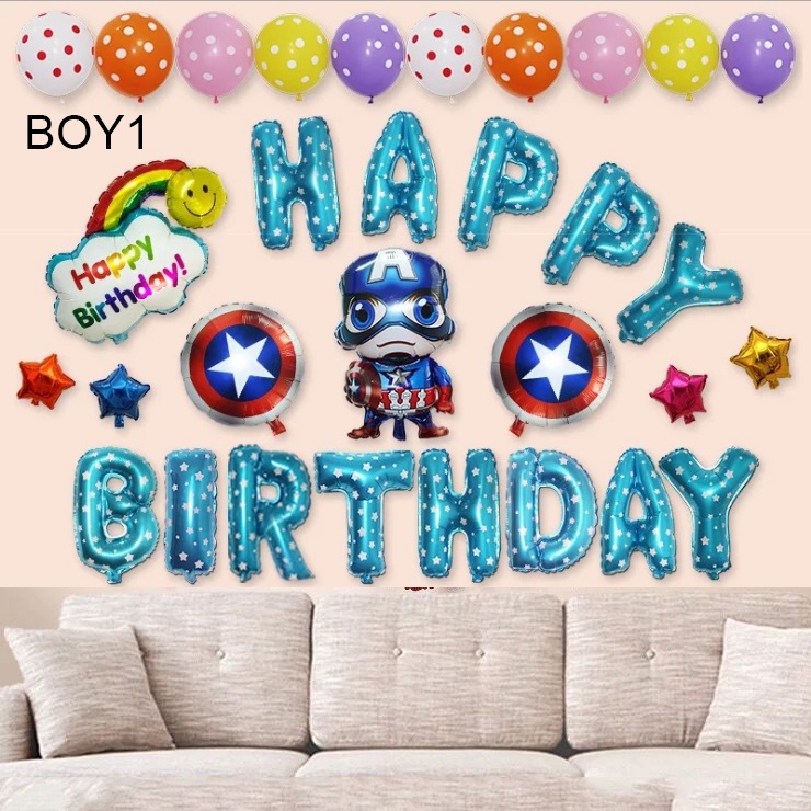 Tặng Bơm + Keo Sét Bóng Trang Trí Sinh Nhật Thôi Nôi Siêu Nhân Người Nhện Captain Bé Trai