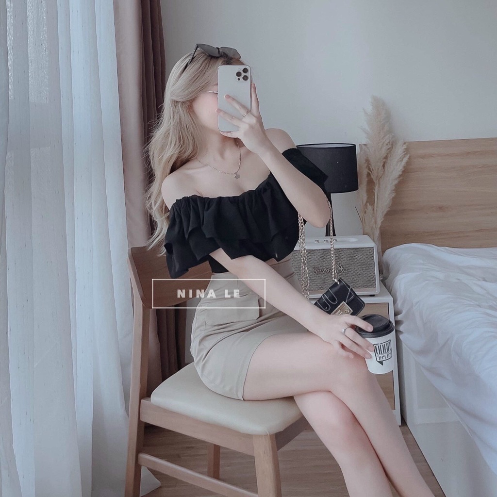 Sét váy nữ áo trễ vai màu đen kèm chân váy chữ A