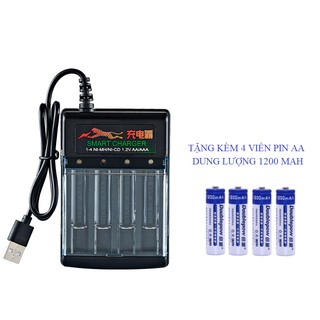 Sạc Pin BMAX 4 Khe Cho Pin Tiểu AA và Pin Đũa AAA Có Đèn Báo và Tự Ngắt Khi Đầy + Kèm 4 Viên Pin Tiểu Sạc AA 1200 mAh