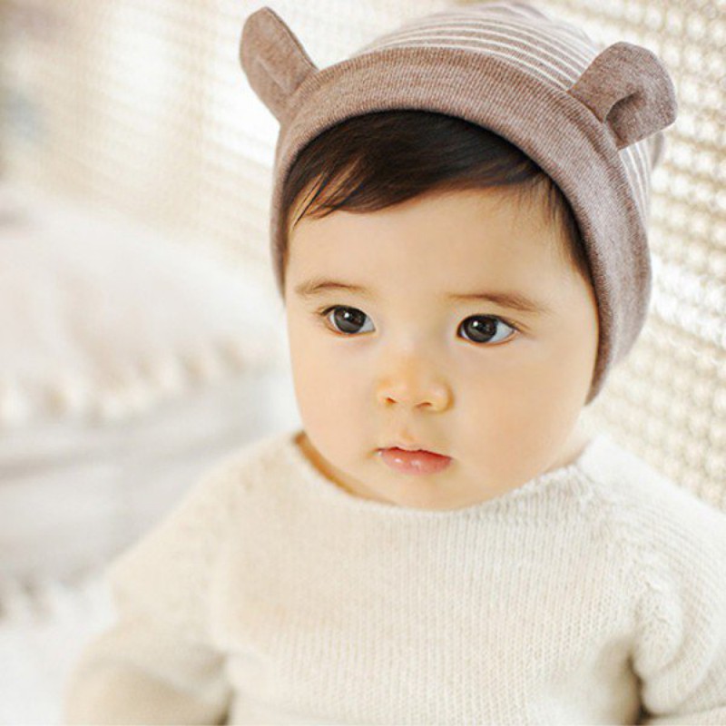 Mũ beanie có tai thiết kế họa tiết sọc ngang thời trang dễ thương cho bé