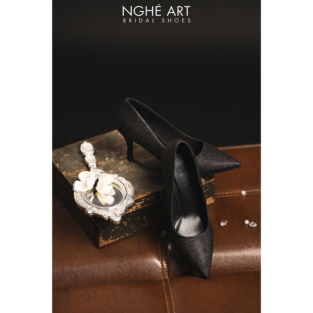 Giày cưới Nghé Art cao gót kim tuyến đen 357
