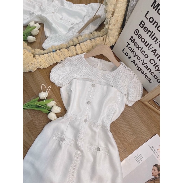 Đầm midi phối ren tay con