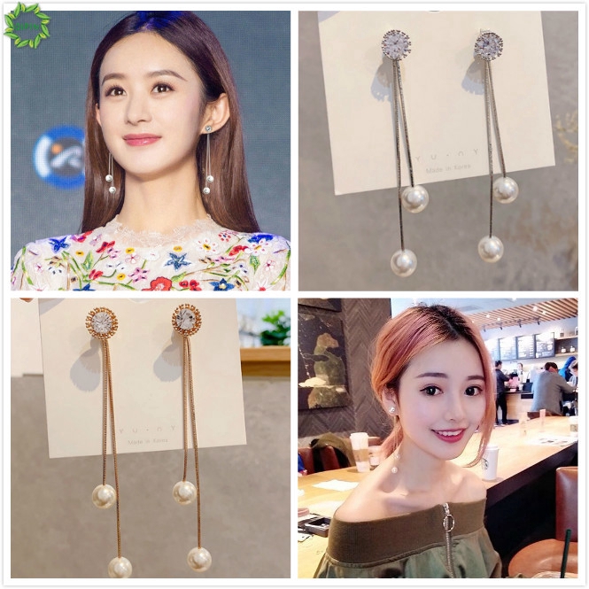 Cặp khuyên tai dáng dài đính ngọc trai giả thanh lịch