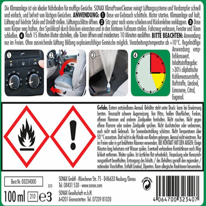 Chai khử mùi, diệt khuẩn và làm sạch hệ thống điều hòa của ô tô, thương hiệu Sonax 323600 - Dung tích 100 ml
