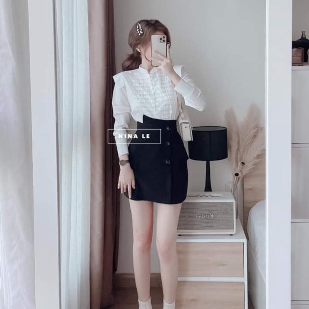 Áo kiểu nữ đẹp phối ren tay dài khuyu ngọc tiểu thư bánh bèo hàn quốc màu trắng tay phồng sexy Liao fashion UV29