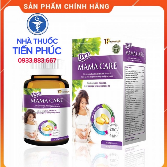 Mama Care - Viên uống bổ sung vitamin tổng hợp cho bầu - Bổ sung canxi, sắt, DHA giúp thai nhi phát triển Hộp 30 viên
