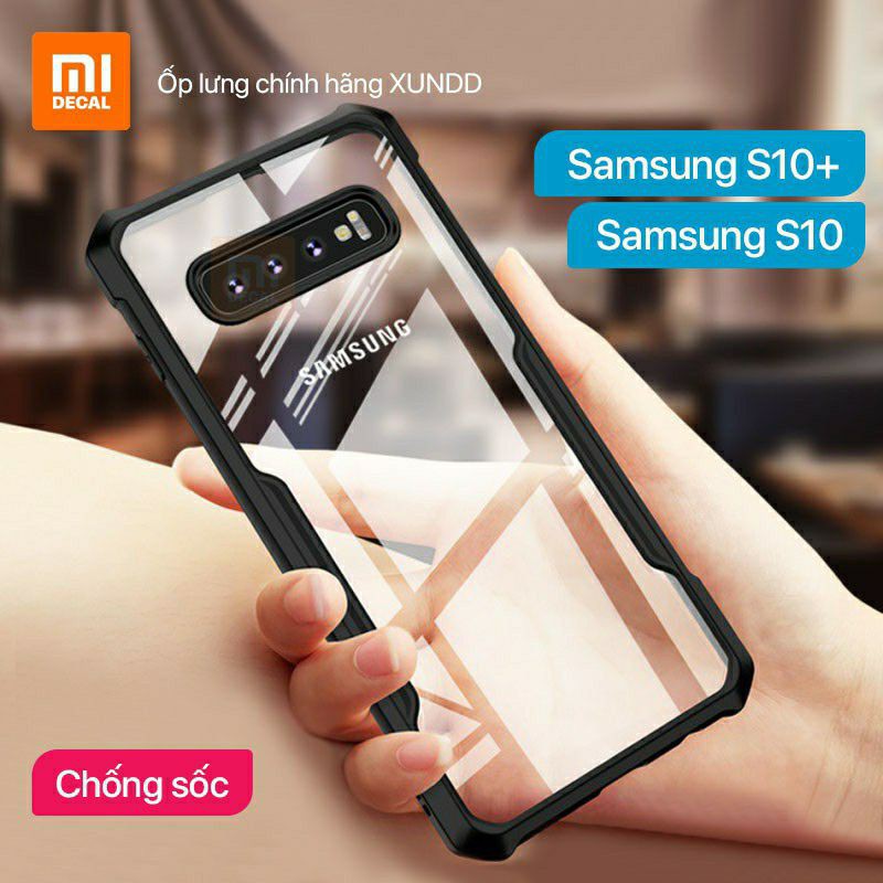 Ốp lưng XUNDD Samsung S10+/Plus / Samsung S10, Mặt lưng trong suốt, viền cao su - Đen