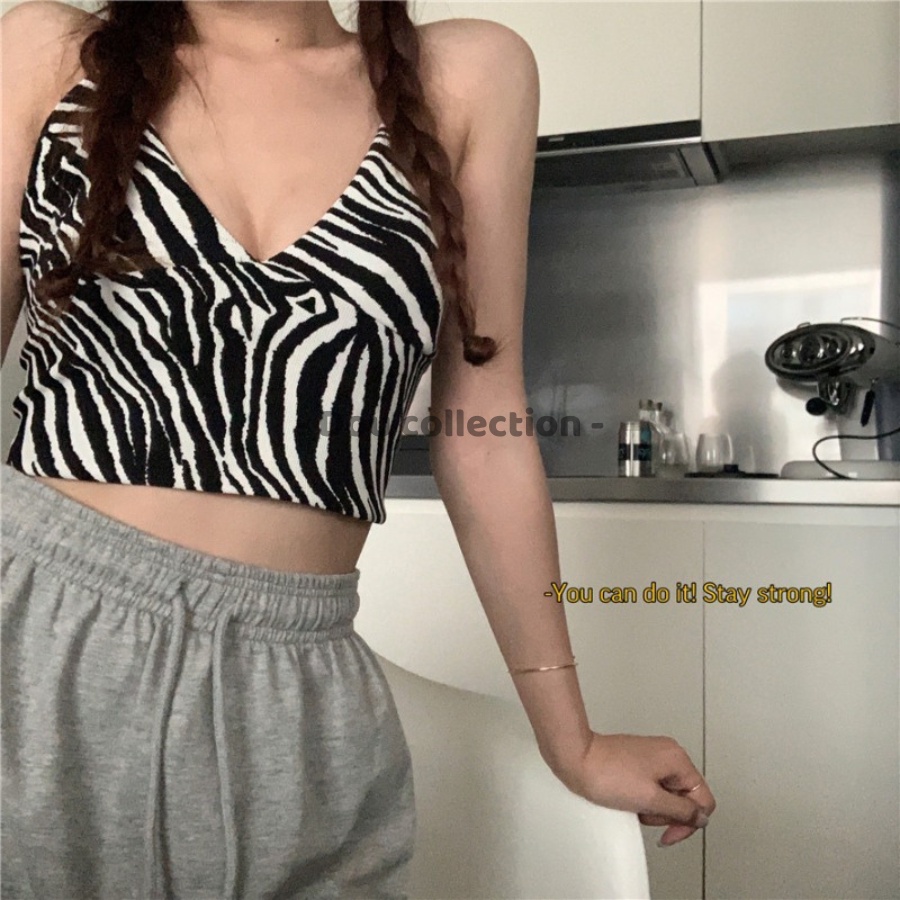 Áo Hai Dây Cổ V Họa Tiết Vằn Dáng Croptop Co Giãn Phong Cách Hàn Quốc - Dou Collection - Mã TA037