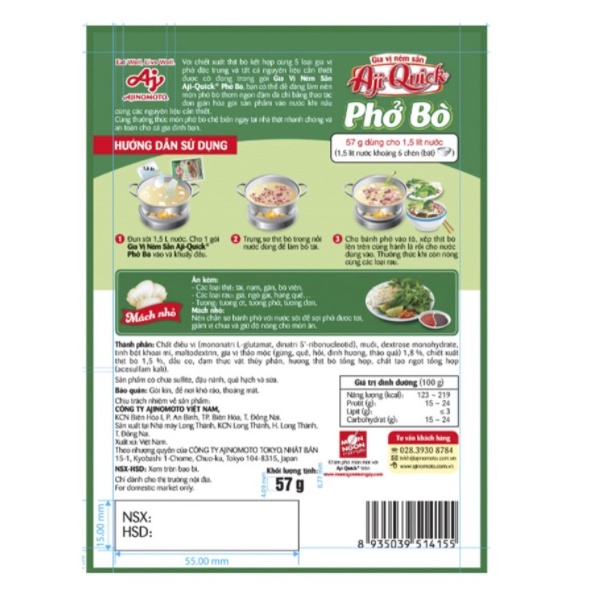 GIA VỊ NÊM SẴN PHỞ BÒ AJI-QUICK AJNOMOTO GÓI 57G