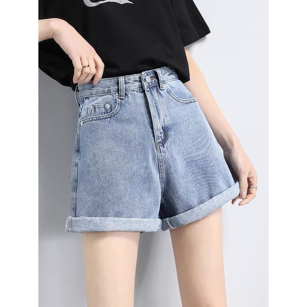 Quần short jean nữ BigSize lưng cao trên rốn, co dãn mạnh, xăn lai, màu xanh nhạt dành cho người béo 60kg~90kg 3865