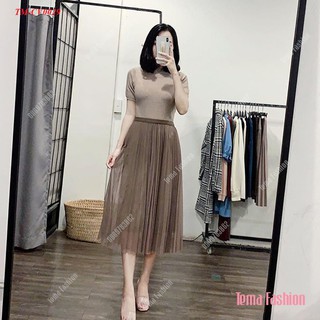 Chân váy xếp ly dáng dài nữ TEMA - Chân váy midi lưng chun vải voan hai lớp