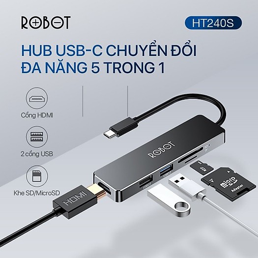 HUB USB-C Chuyển Đổi Đa Năng 5 In 1 ROBOT HT240S Type-C Cổng Kết Nối USB 3.0/HDMI/PD/SD/TF