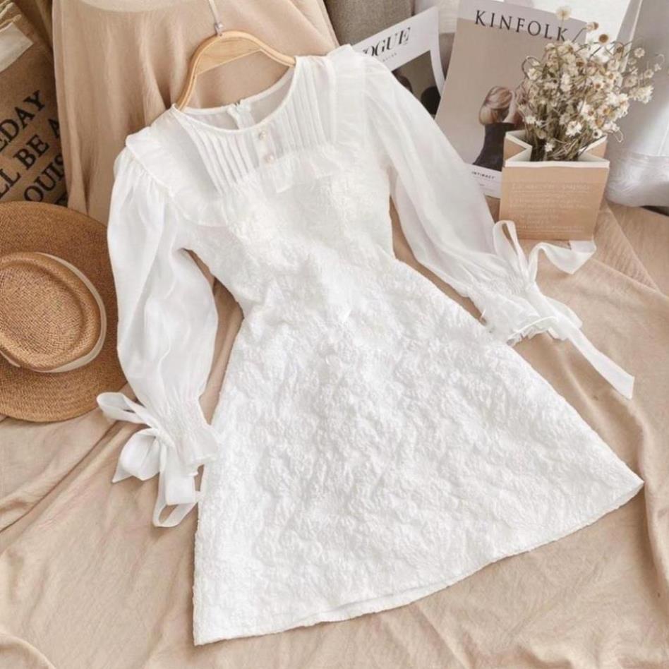 Váy đầm trắng dự tiệc xòe cổ V tay dài dạo phố xinh xắn vải tơ xinh nhiều màu có size SONAITI