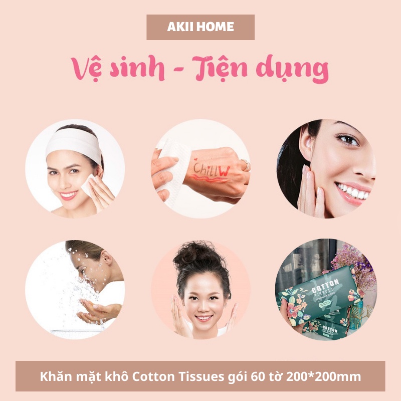 Khăn mặt khô đa năng dùng 1 lần, lau khô, lau ướt, chất liệu cotton gói 60 tờ 20x20cm