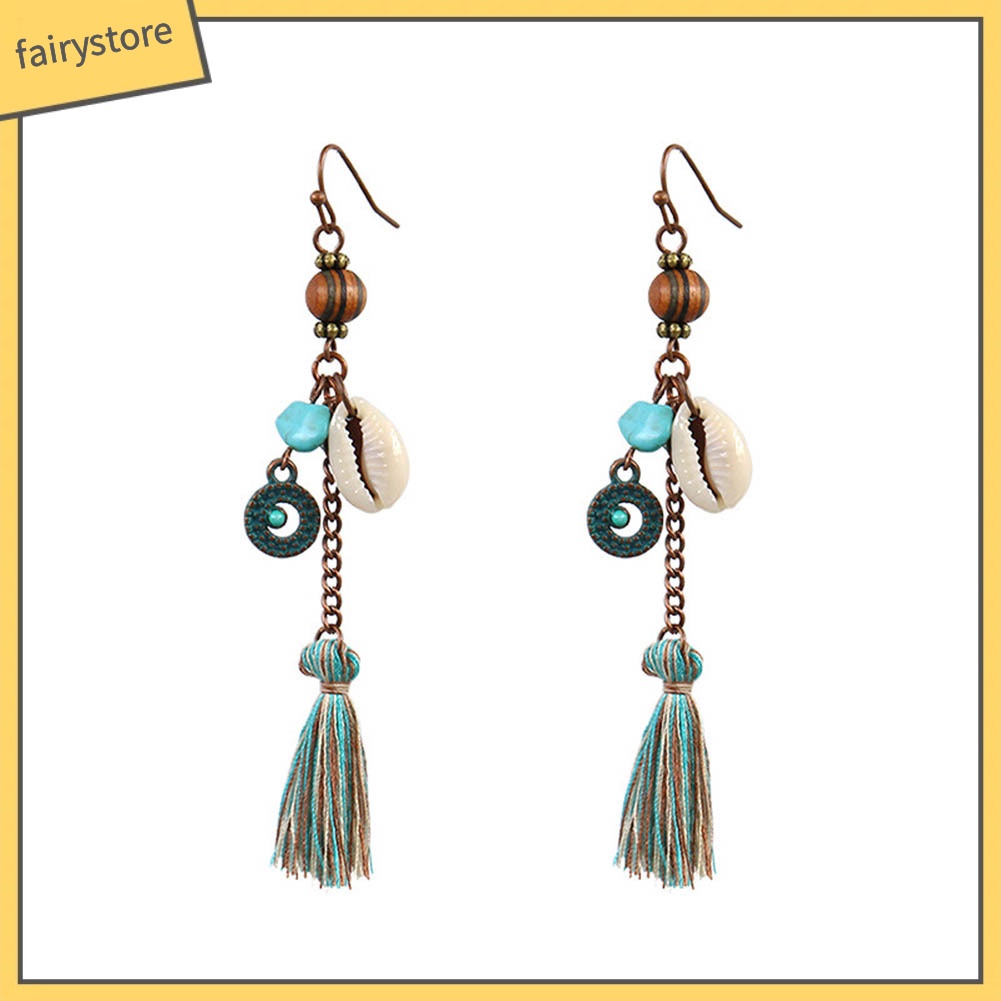 Khuyên tai tua rua kiểu dài đính vỏ sò phong cách Bohemian thời trang