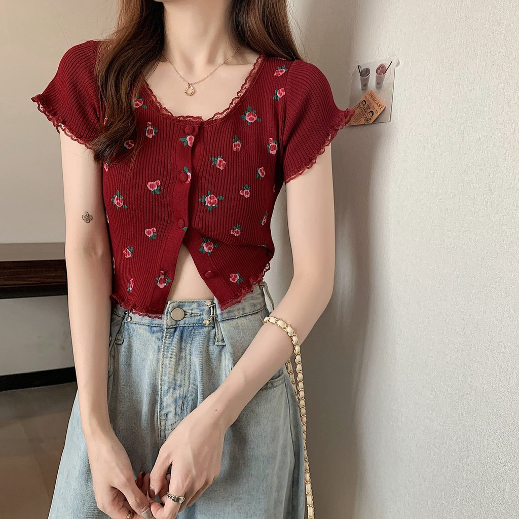 Áo croptop nữ tay ngắn rộng 2021, áo kiểu nữ đẹp màu đỏ lưới kẻ caro cổ tròn sang chảnh thời trang hàn quốc du lịch