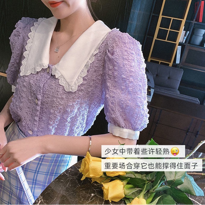 COZOK Áo sơ mi chiffon cổ búp bê tay phồng form rộng phong cách retro