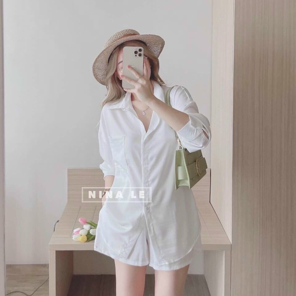 Sét bộ áo sơ mi tay dài phối quần đùi chất liệu tuyết nhung phù hợp cho mọi phong cách