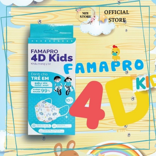 Khẩu trang Famapro Kid 4D trẻ em siêu mềm,kháng khuẩn 3 lớp cty Nam Anh hộp 10 cái